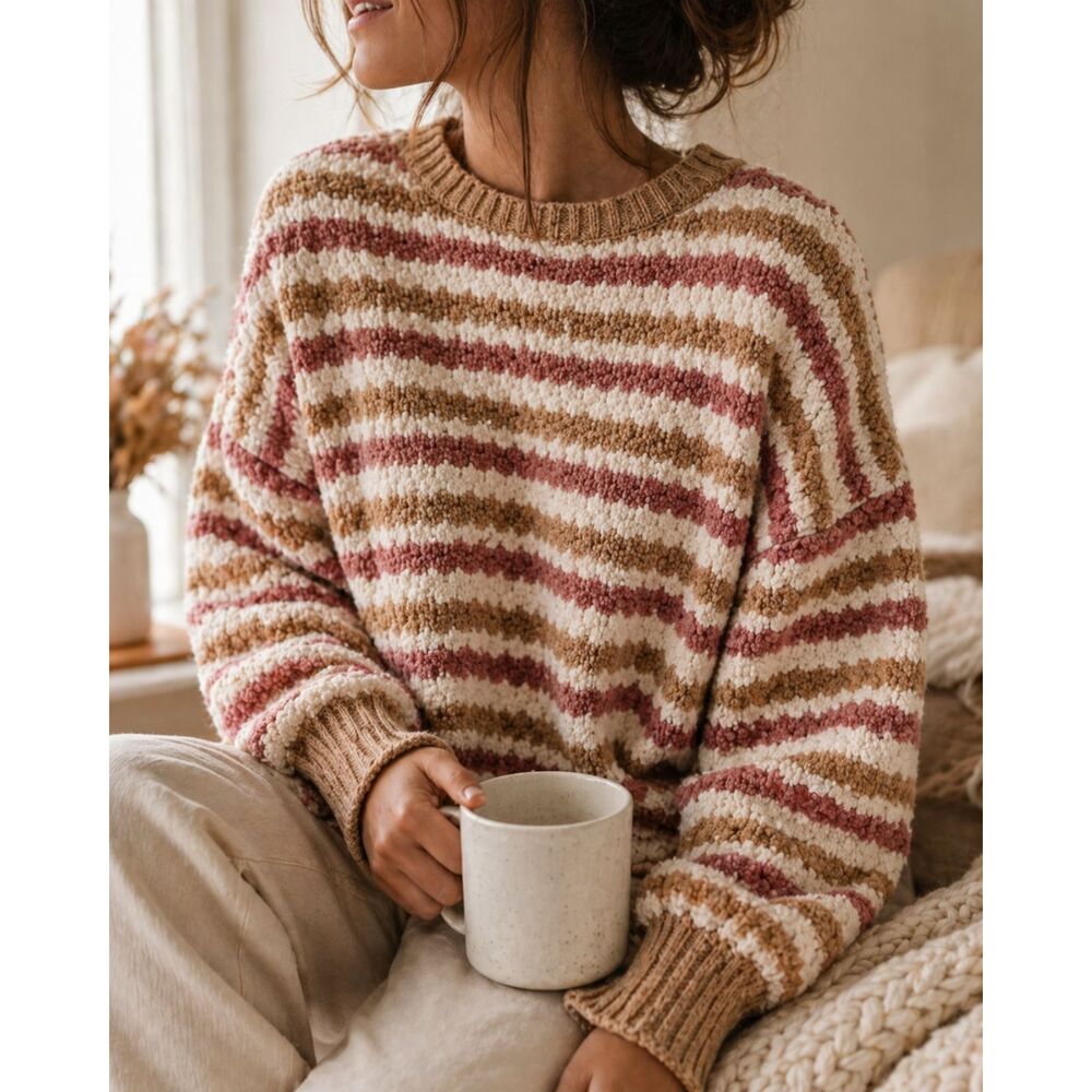 Cozy Textured Striped Sweater Neutral Boho Cottagecore Soft Knit L